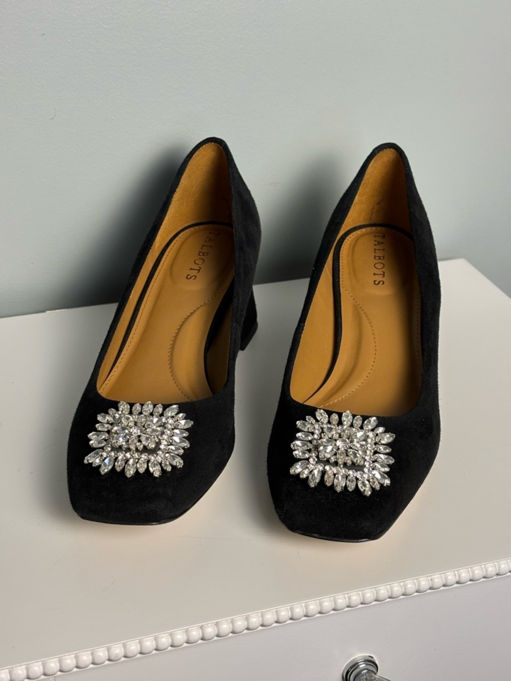 Talbots Black Suede Jeweled Block Heel Pumps *Brand New*